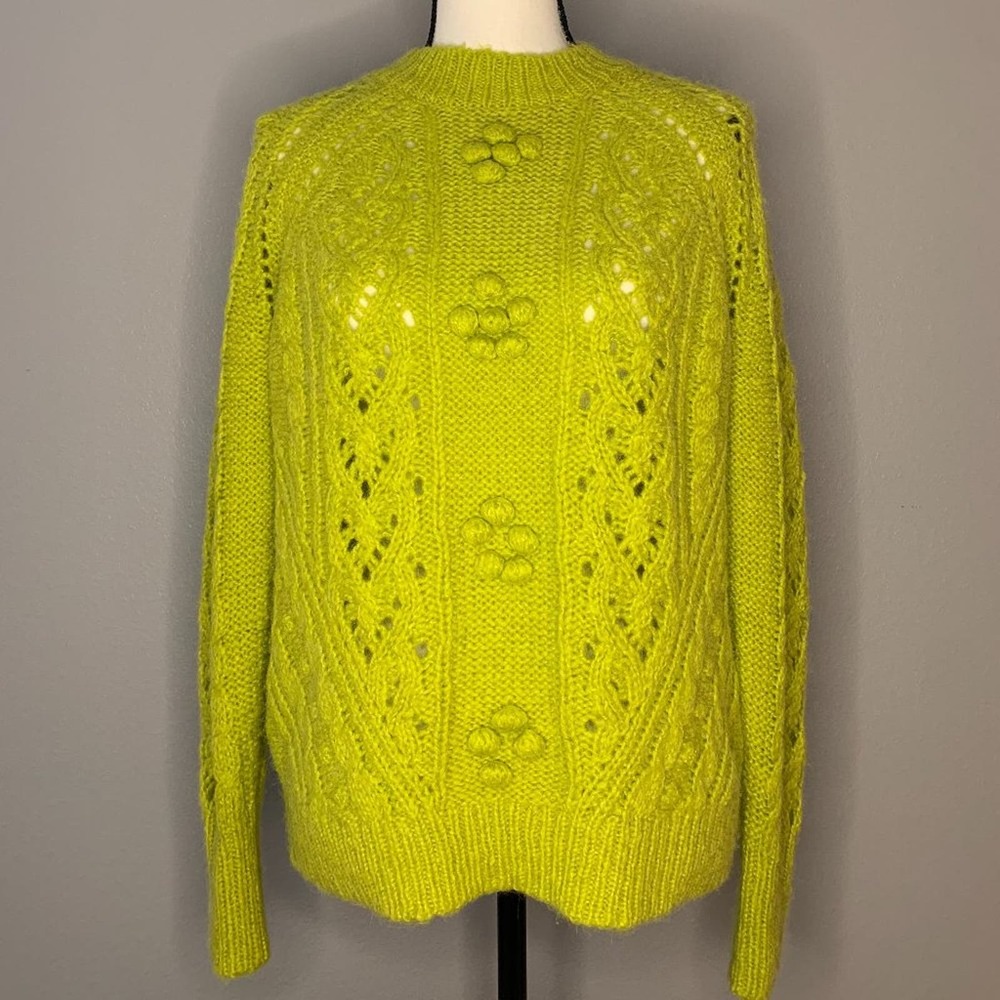JCREW | Lemon-Lime Wool Blend Cableknit Pointelle Sweater | Size S